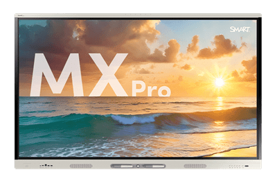 L'écran SMART Board MX Pro affiche une scène sereine de coucher de soleil sur une plage.
