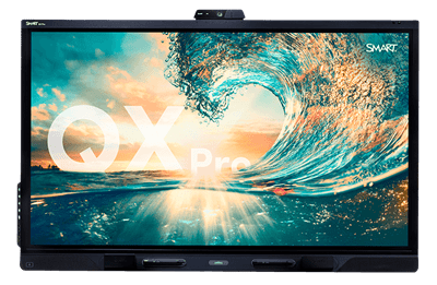 QX Pro SMART Board for business meetings, featuring a vibrant image of a cresting ocean wave under a sunset, symbolising dynamic and powerful business solutions.