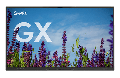 Un écran SMART Board série GX présente un ciel bleu clair au-dessus d'un champ de fleurs violettes.