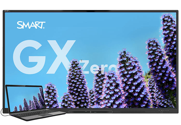 SMART Board GX Zero series with a floral background featuring purple flowers, accompanied by a laptop displaying the same screen.
