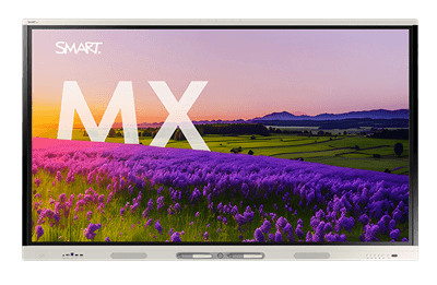 Un écran SMART Board série MX faisant face à l'avant et affichant un champ lavande vif avec les grandes lettres blanches "MX" et un coucher de soleil violet en arrière-plan.