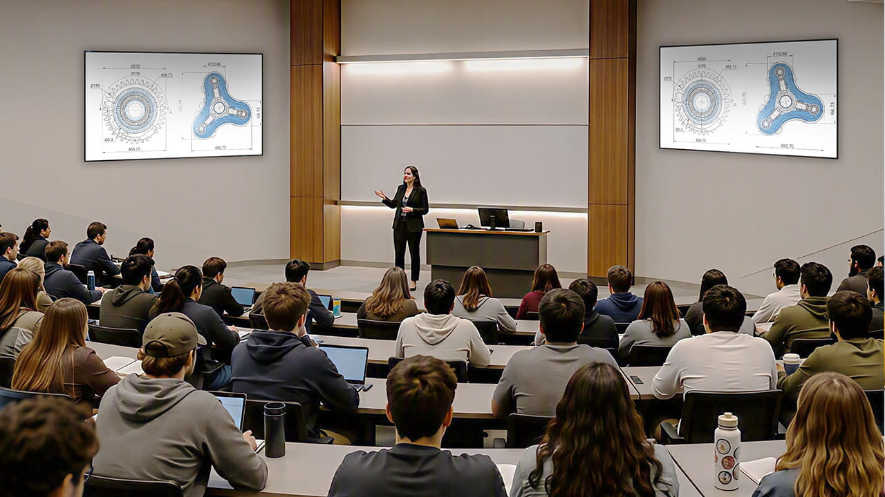Large lecture hall presentation with DSN series displays showing engineering diagrams to an audience in a classroom or training environment.