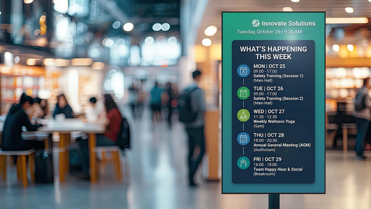 SMART DSN Series digital signage showing company events and weekly activities in a public space.