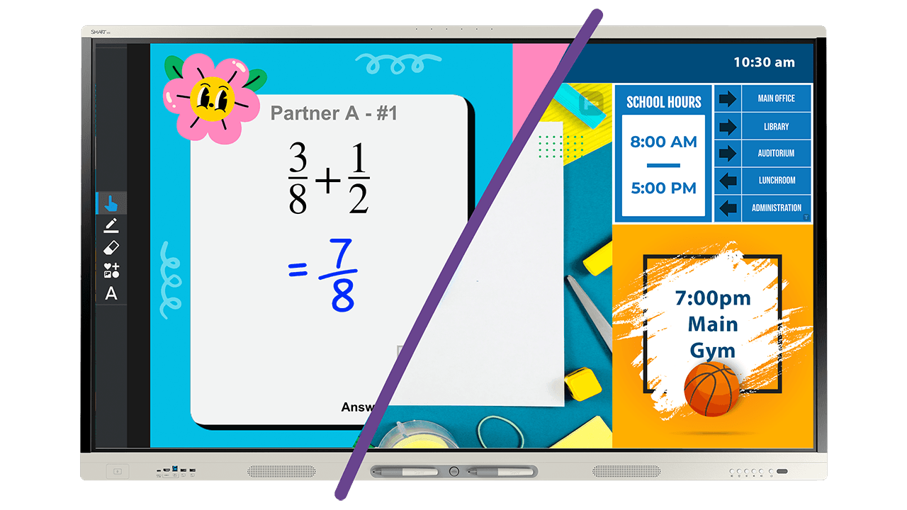 SMART Board MX displaying interactive lesson content and school digital signage on a split screen.