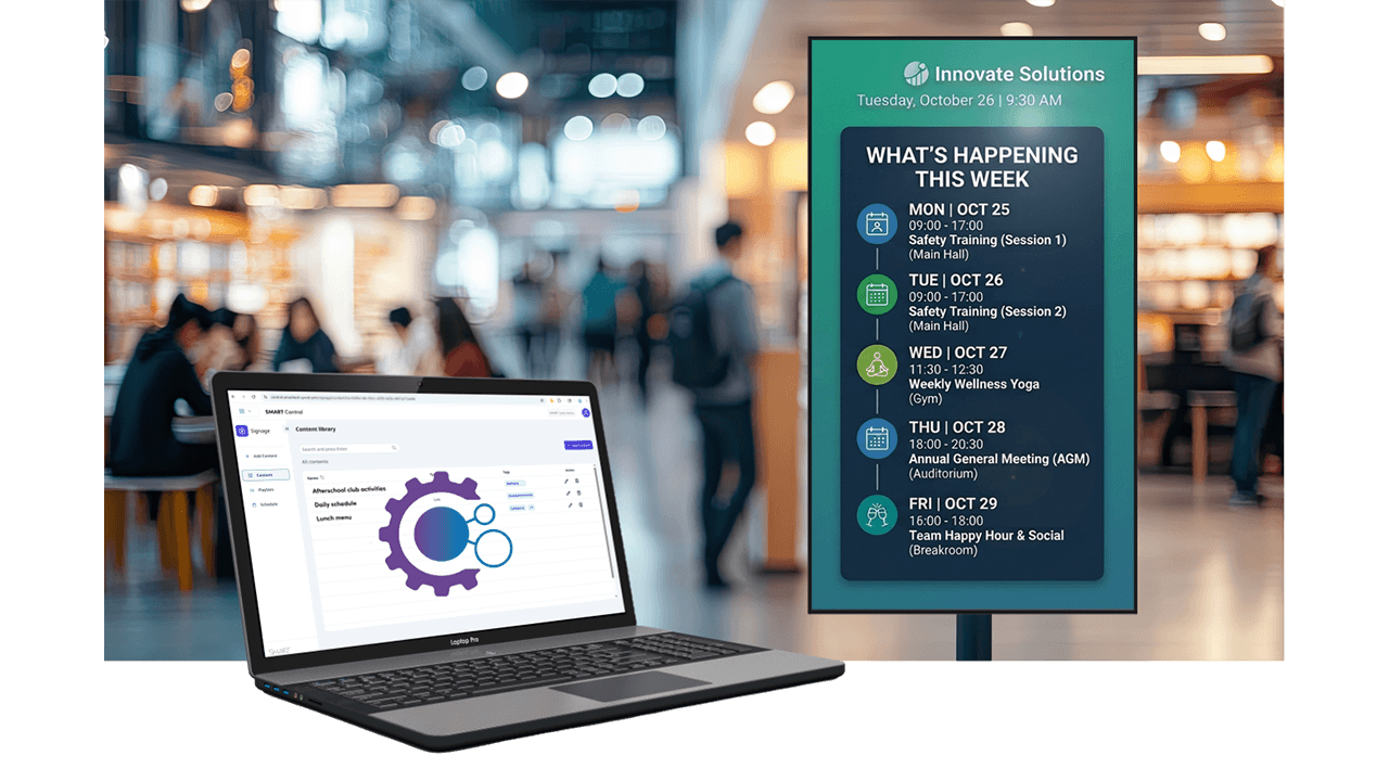 SMART Control Signage displayed on a SMART Board with workplace announcements and schedules.