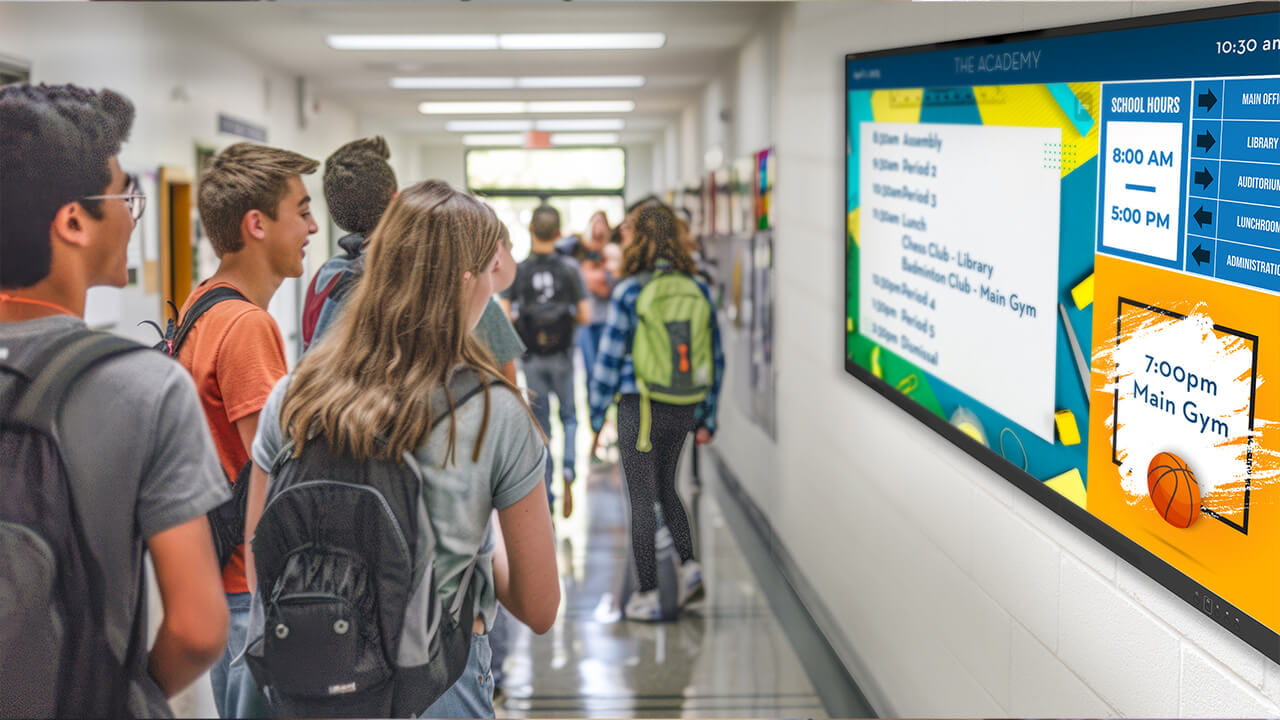 SMART Control Signage displayed on a SMART Board with classroom content and school announcements.