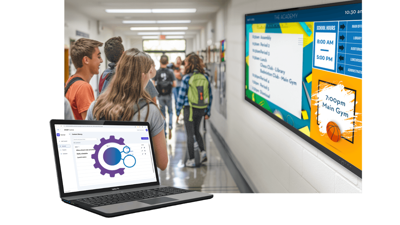 SMART Control Signage displayed on a SMART Board with classroom content and school announcements.
