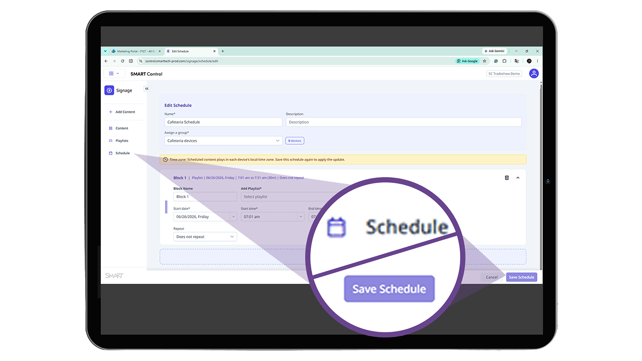 SMART Control Signage scheduling interface used to assign playlists and publishing times to displays.
