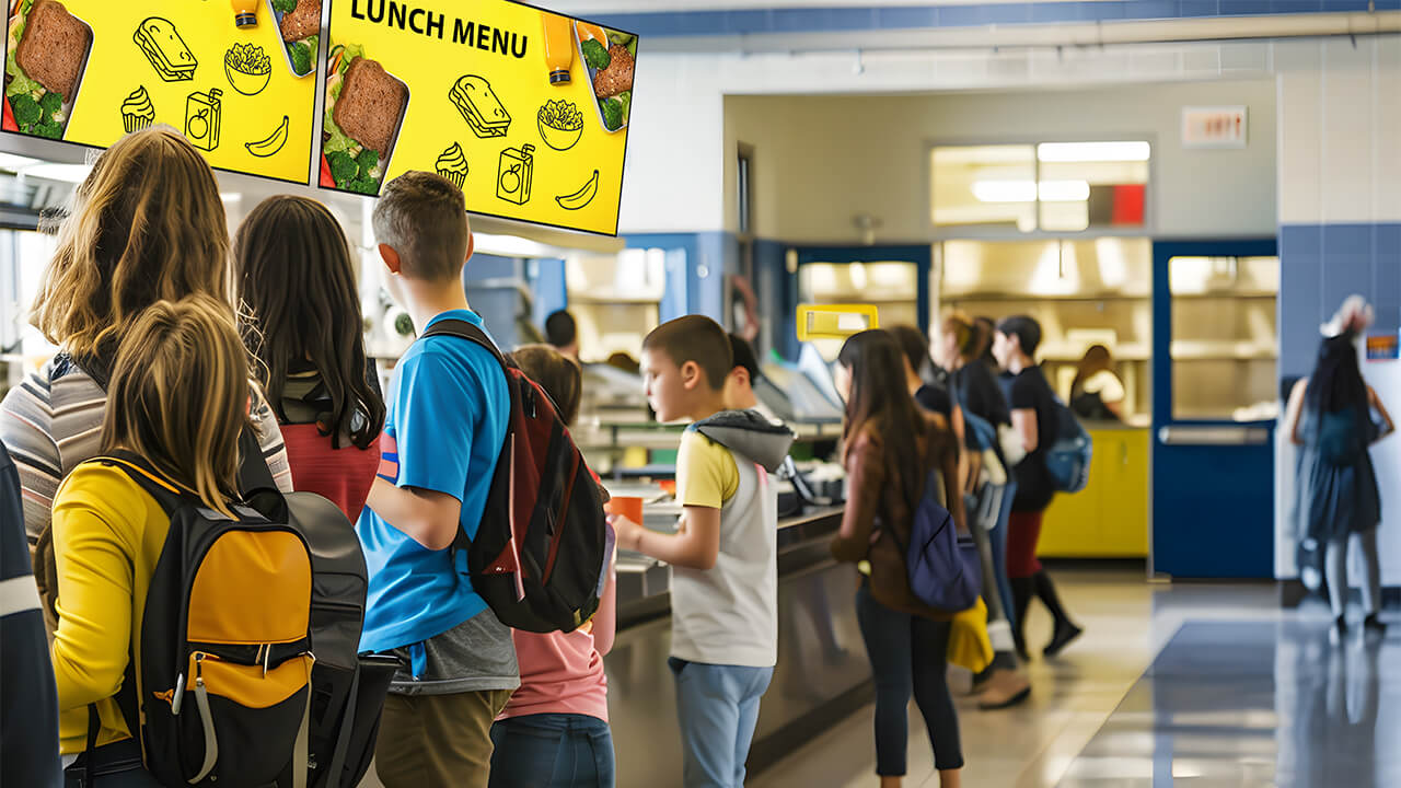 Digital menu boards displaying food and dining information in a workplace cafeteria.