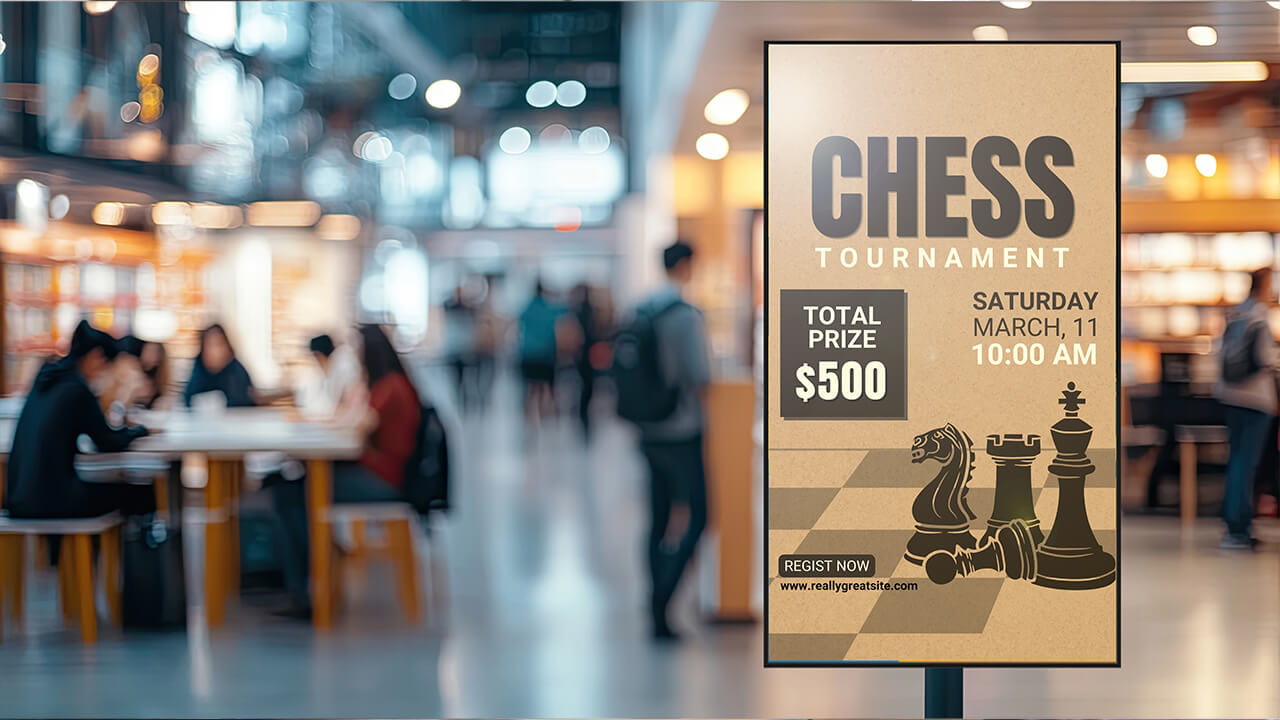 Digital signage promoting chess tournament