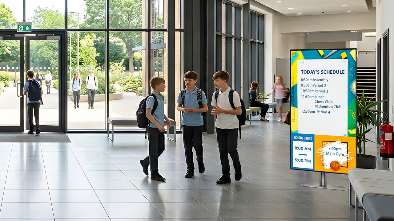 Digital signage displaying schedules and announcements in a school hallway.