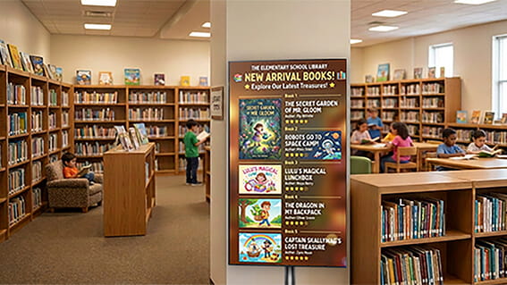 Digital signage promoting new book arrivals in a school library.