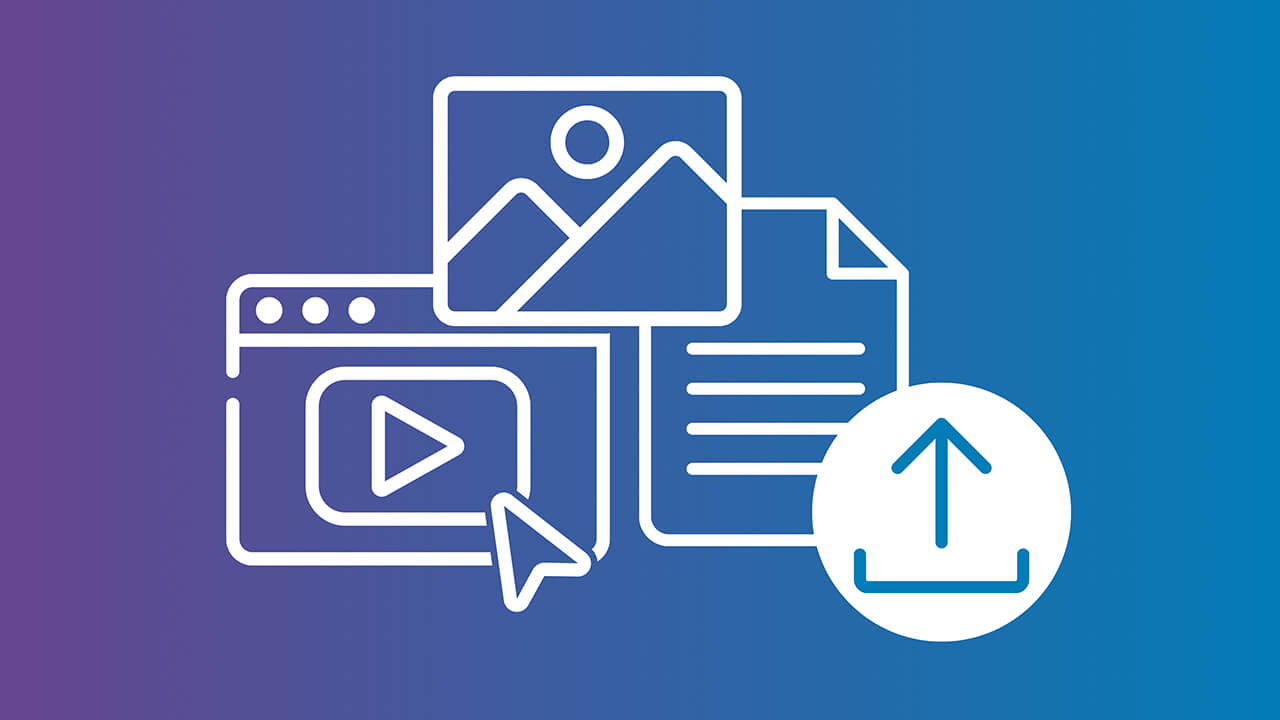 Illustration showing content uploads to SMART Control Signage, including images, documents, and media assets.