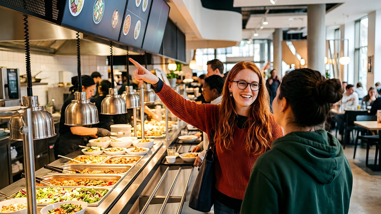 Digital menu boards displaying food and dining information in a workplace cafeteria.