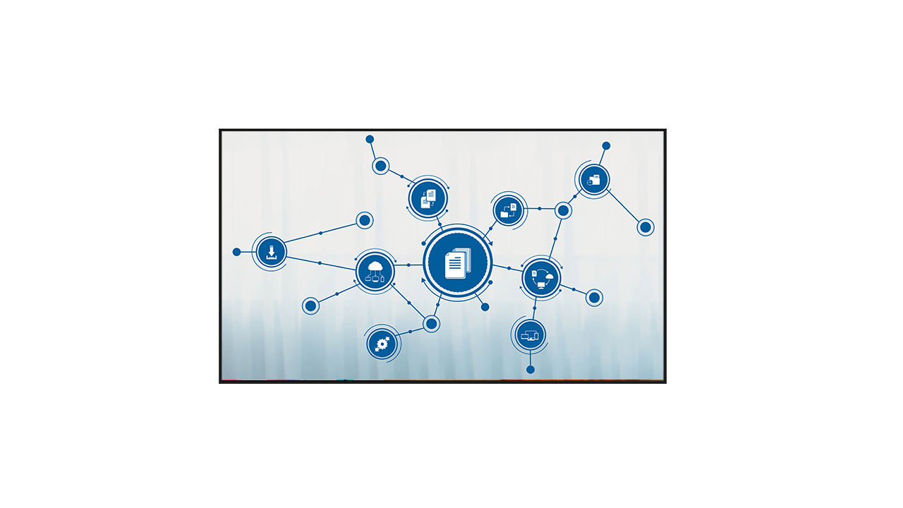 Diagram of a connected digital signage ecosystem integrating content management and room control systems.