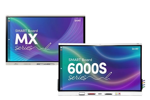 An image featuring two SMART boards. On the left is the MX SMART board, and on the right is the 6000s SMART board.