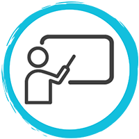 An image of a circle with a person gesturing towards a screen.