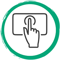 Una imagen circular con un dedo señalando una pantalla.