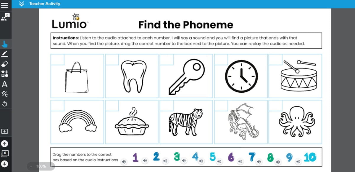 Lumio activity titled 'Find the Phoneme' with images of common objects like a tooth, key, and clock. Students drag numbers to match the audio instructions with pictures.