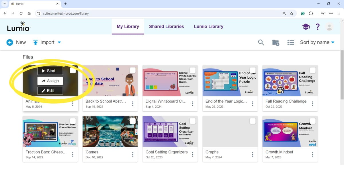 Lumio library interface with the assign button highlighted on a digital classroom resource.