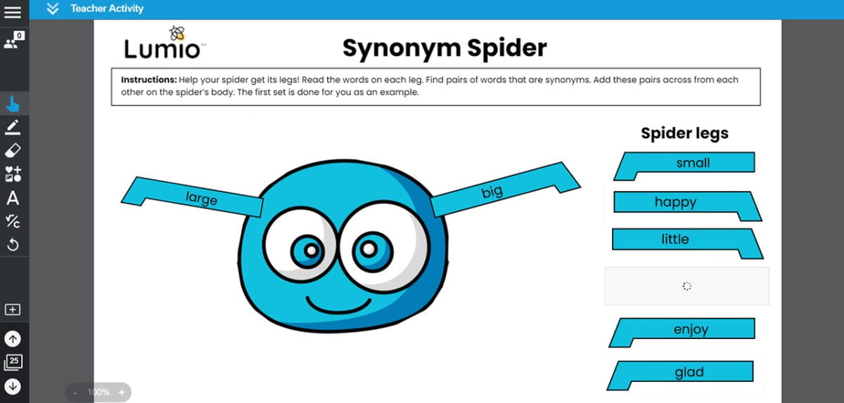 Lumio activity titled 'Synonym Spider,' where students match words like 'large' and 'big' to help the spider gain its legs.