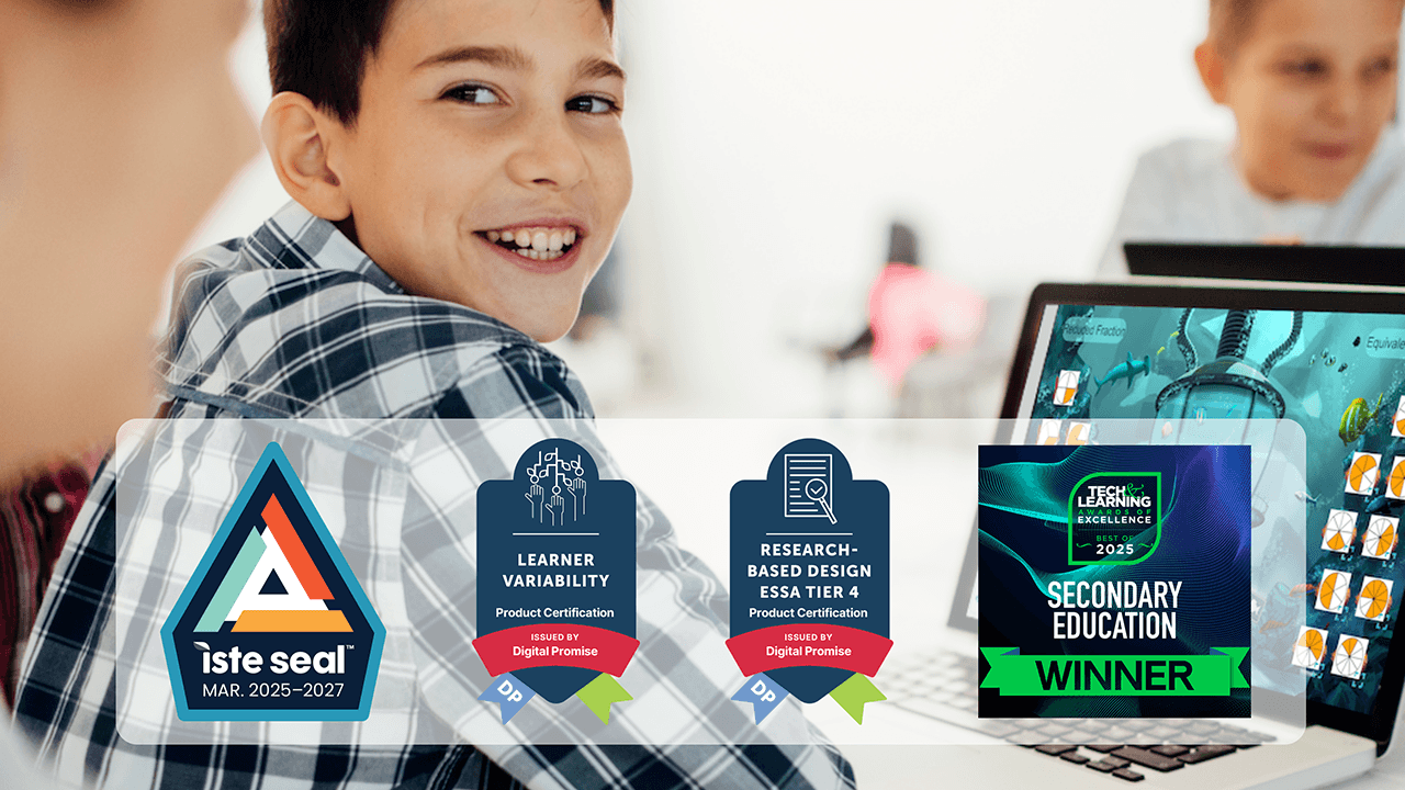 Student interacting with Lumio on a laptop in a bright classroom, displaying multiple award badges including G2 Top 50, Tech & Learning Best of Show, and Awards of Excellence 2024 for K-6.