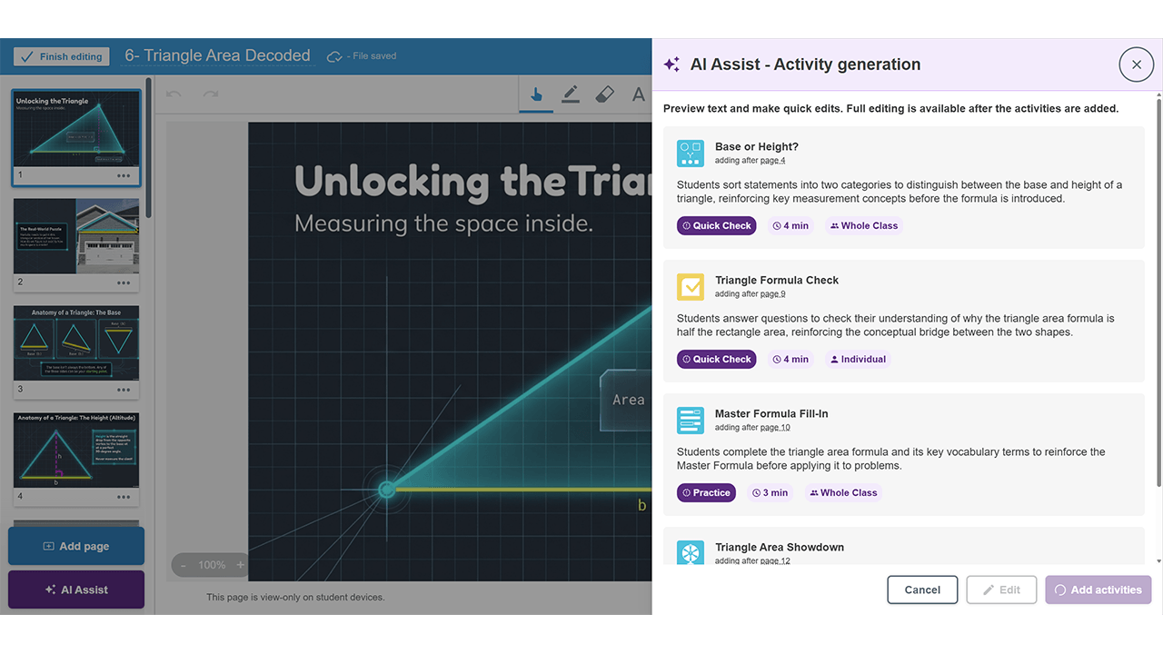 Screen capture of AI Assist activity generation in Lumio