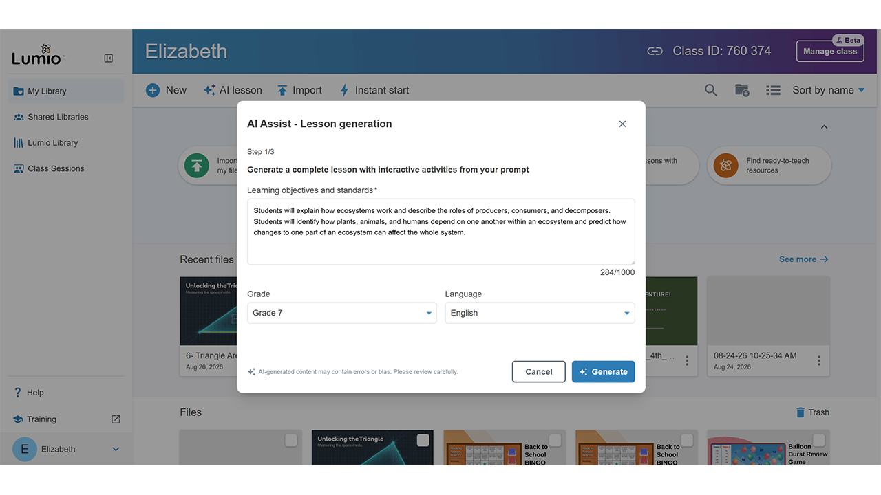 Screen capture of AI Assist lesson generation in Lumio
