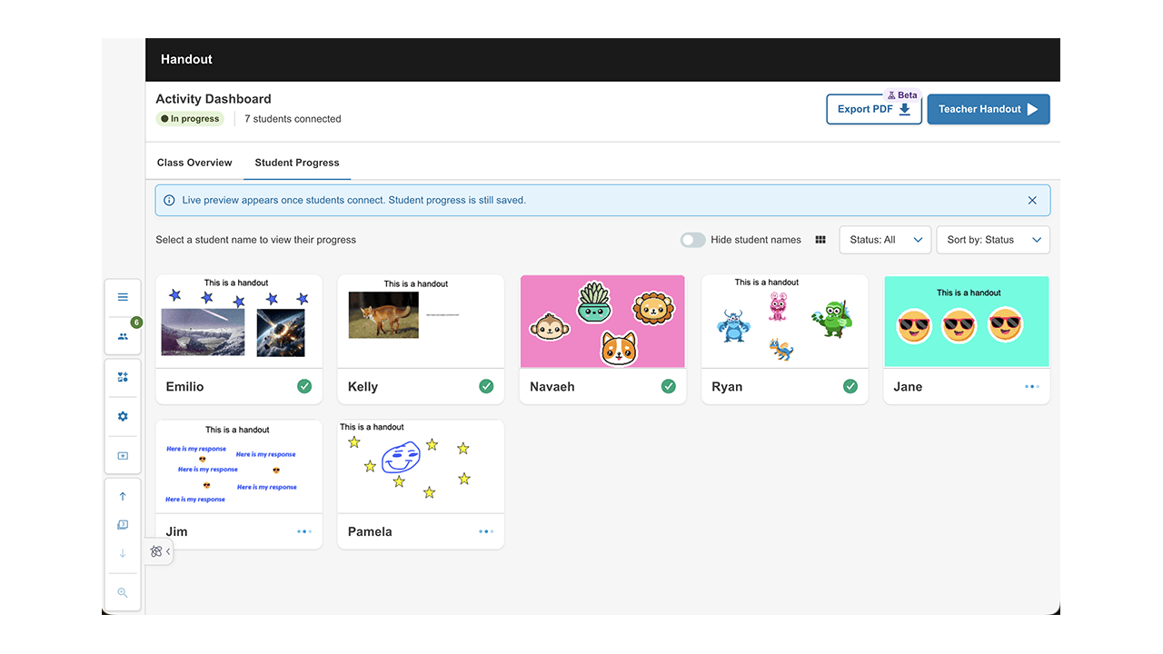 Screen capture of the live handout dashboard in Lumio
