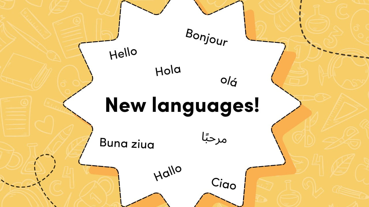 Illustration featuring 'New Languages!' with various greetings in different languages like Hello, Bonjour, Hola, and Ciao.