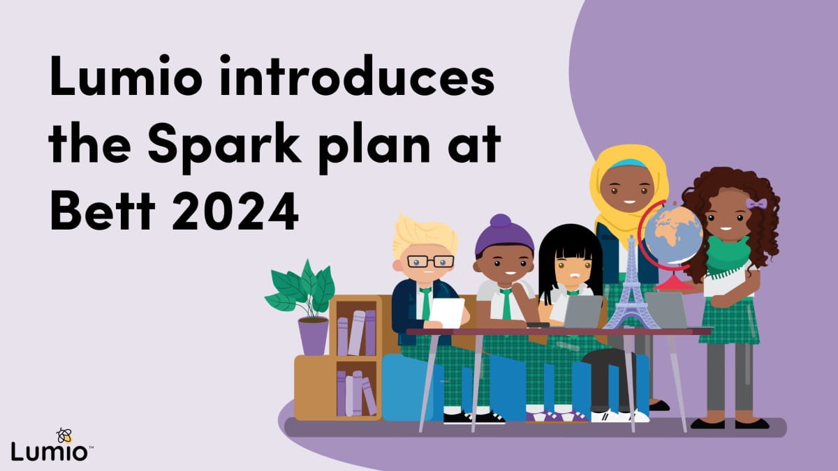 Promotional graphic for Lumio's new Spark plan introduced at Bett 2024, featuring a diverse group of animated students engaged in learning around a table with books and a globe.