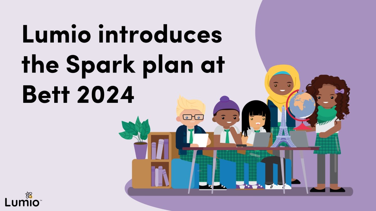 Promotional graphic for Lumio's new Spark plan introduced at Bett 2024, featuring a diverse group of animated students engaged in learning around a table with books and a globe.