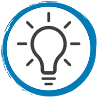 Blue circle outline with a lightbulb icon