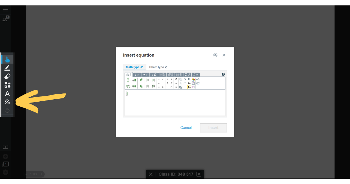 Advanced equation editor displaying mathematical symbols for students and educators in a digital classroom setting.