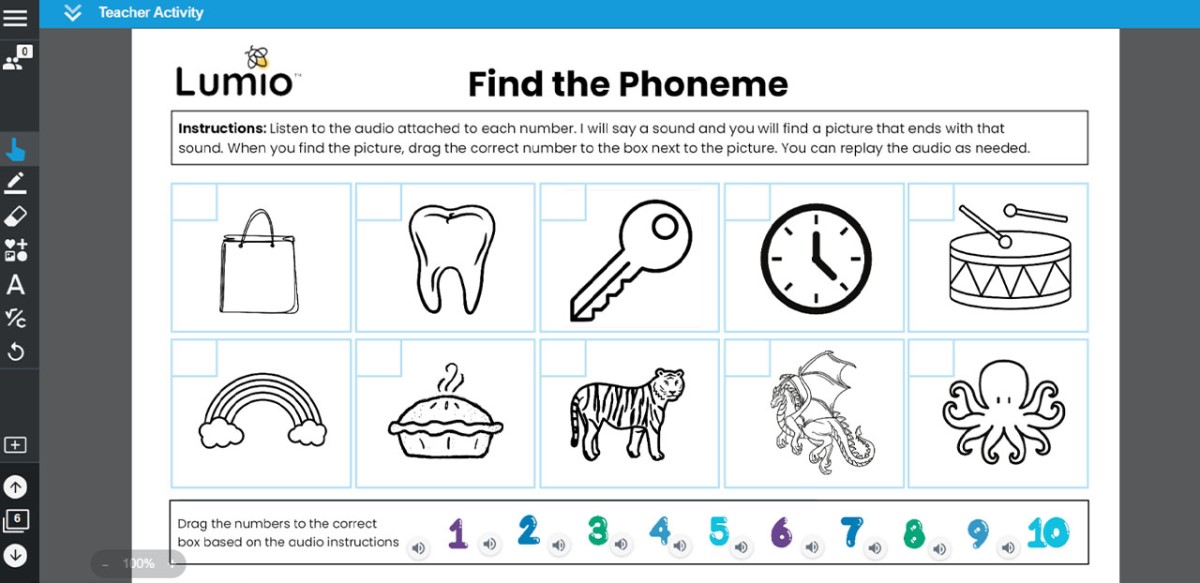 Lumio activity titled 'Find the Phoneme' with images of common objects like a tooth, key, and clock. Students drag numbers to match the audio instructions with pictures.