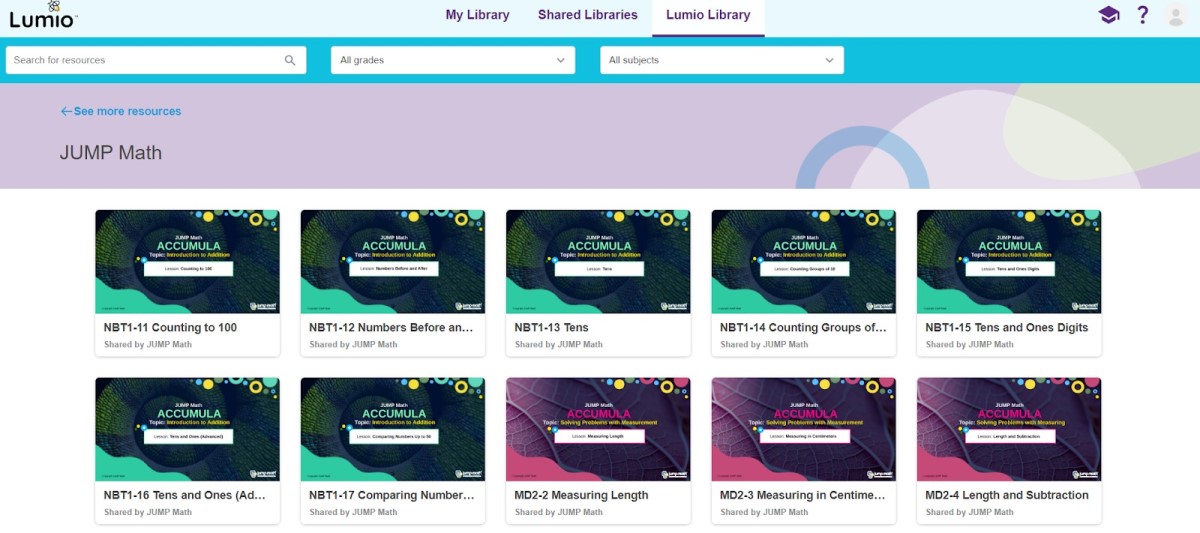 Screenshot of Lumio Library showcasing JUMP Math interactive lessons with various topics on counting, measurement, and subtraction.