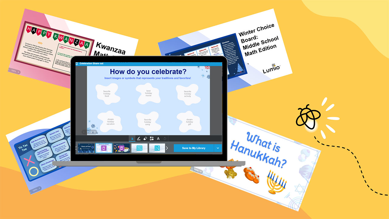 Laptop screen displaying Lumio’s holiday-themed activity 'How do you celebrate?' surrounded by educational content for Kwanzaa, Hanukkah, and winter math.