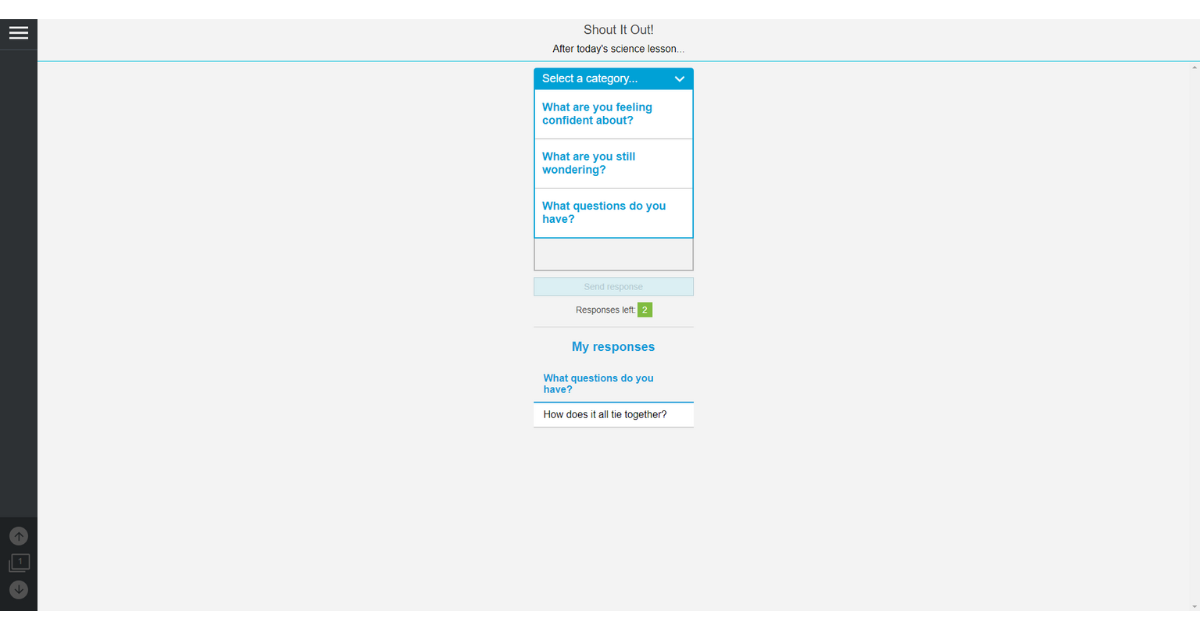 Digital feedback interface 'Shout It Out!' for students to post their learning queries and thoughts post-session.