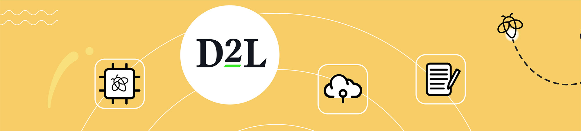 D2L and Lumio ecosystem integration banner with a yellow background, featuring icons of a microchip, cloud storage, and digital notepad, along with a firefly illustration.