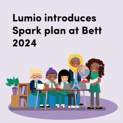 Promotional graphic for Lumio's new Spark plan introduced at Bett 2024, featuring a diverse group of animated students engaged in learning around a table with books and a globe.