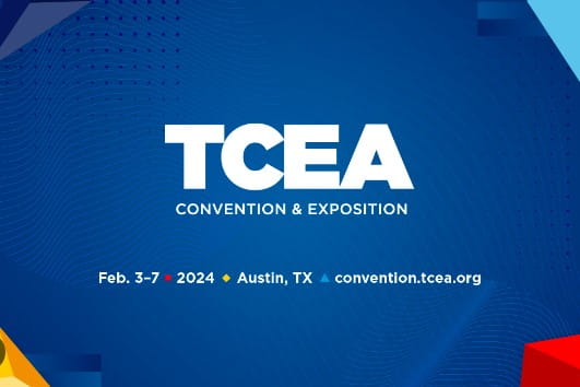 raphic banner for the TCEA (Texas Computer Education Association) Convention & Exposition held from February 3-7, 2024, in Austin, Texas. The banner features a modern, abstract design with a blue background overlaid with dotted patterns.