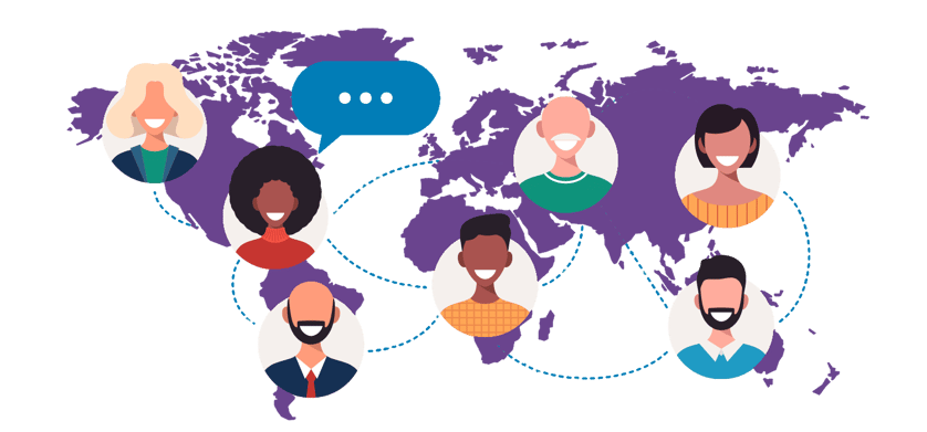 Illustration of a world map with diverse avatar portraits connected by lines, symbolizing global communication and collaboration.