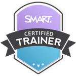 Badge for SMART Certified Trainer with a purple shield displaying the 'SMART' logo, overlaid by a black ribbon with 'CERTIFIED TRAINER' text, and a light blue section at the bottom with three stars.
