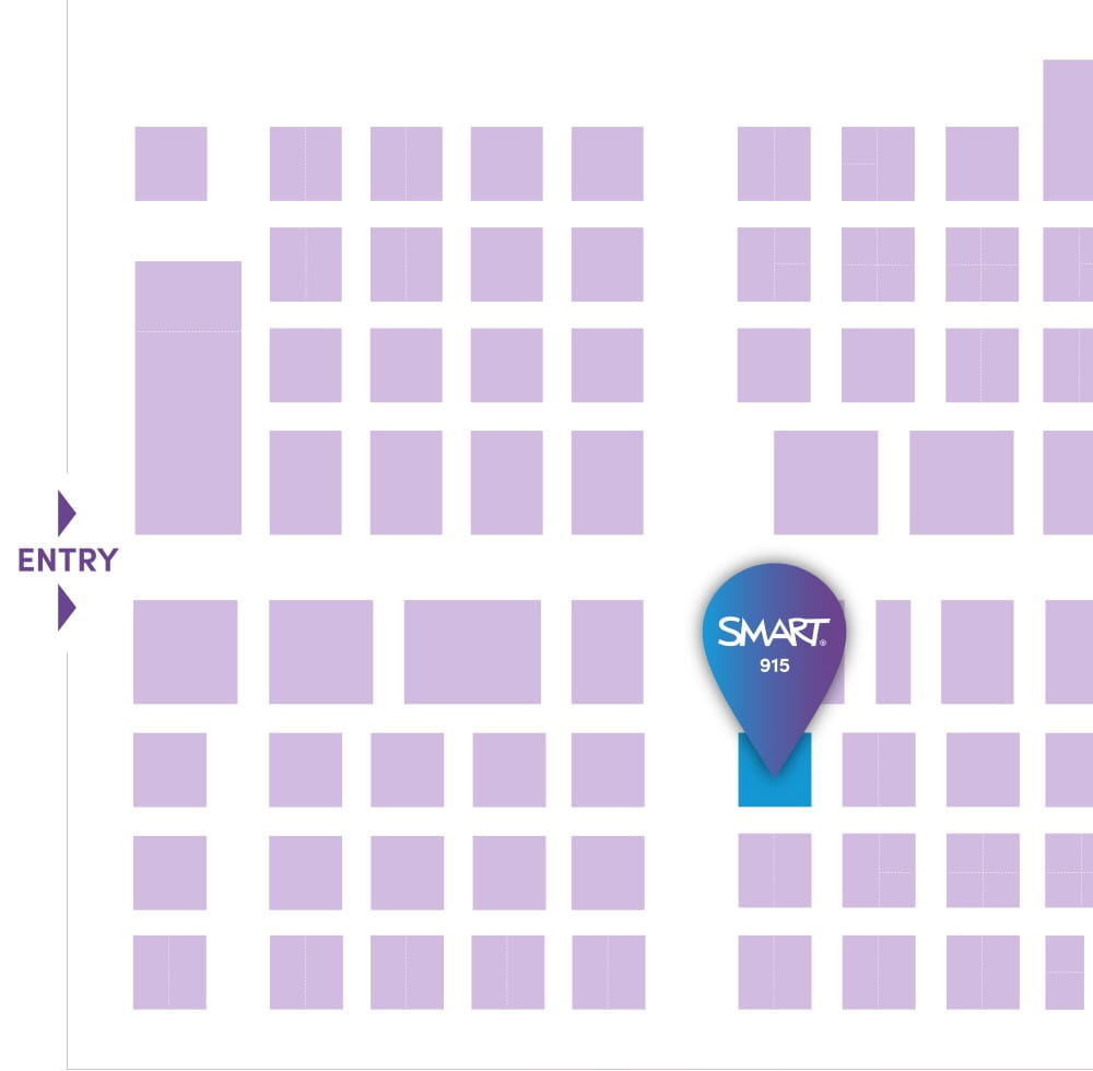 Map for FETC 2024 event showing a layout of booths. A highlighted marker with the SMART logo indicates booth number 915 near the entry point, outlined with purple squares representing other booths.